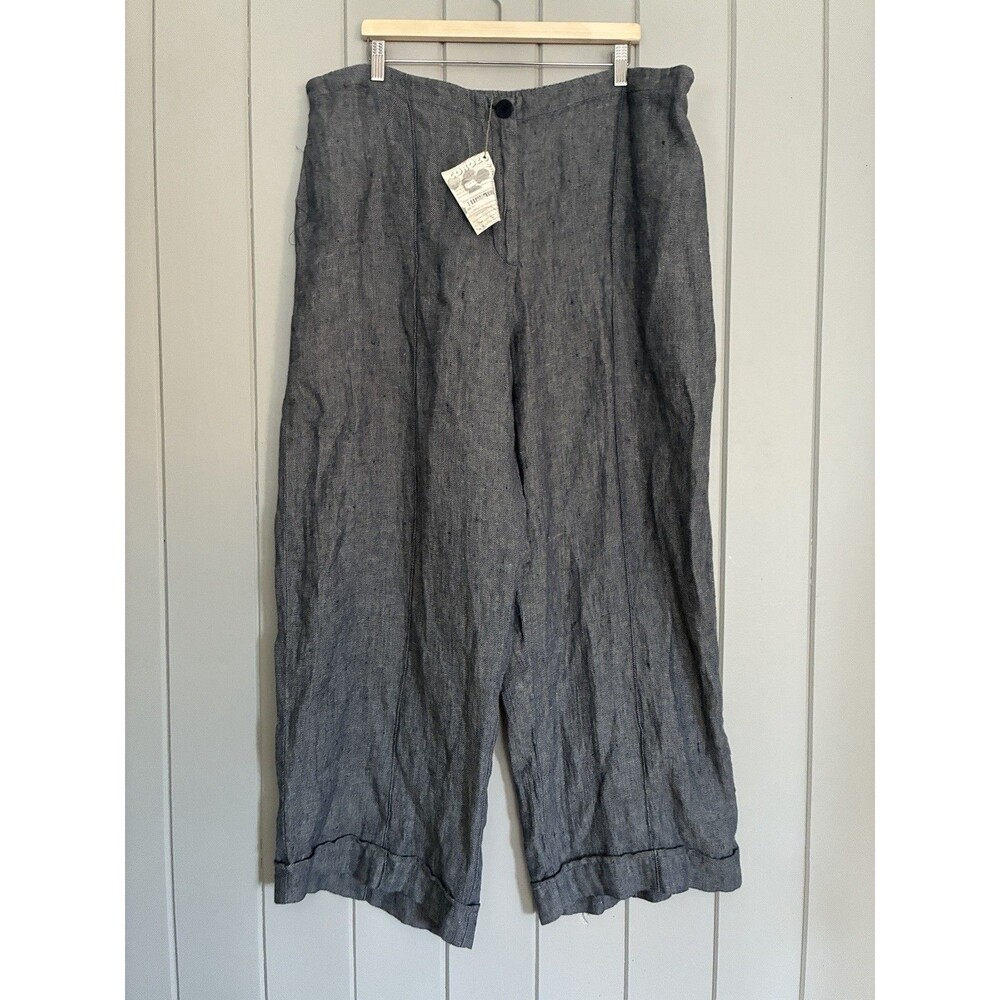NWT Flax Linen Buckaroo Wide Leg Pants 2G 22-24 Blue Crosshatch 100% Linen NEW
